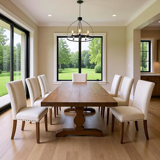 Set of 6 Beige Upholstered Dining Chairs – Farmhouse Kitchen Chairs with High Back, Solid Rubberwood Legs, Padded Foam Seat & Bronze Nailhead Trim, Comfortable Dining Room Chairs for Home