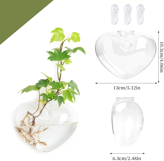 XXXFLOWER Wall Hanging Glass Terrariums，Clear Planters Propagation Station Glass Flower Vase,Air Plant Terrariums for Hydroponic Plants,Home Office Decor,Gifts,Heart-Shaped Set of 2