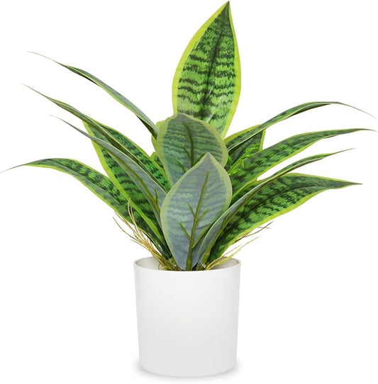 Artificial Fake Snake Plant Potted Tropical Faux Sansevieria Trifasciata Plants in White Plastic Pots Perfect for Indoor Home Decor Modern Living Room Office Housewarming Gift,Light Green 102