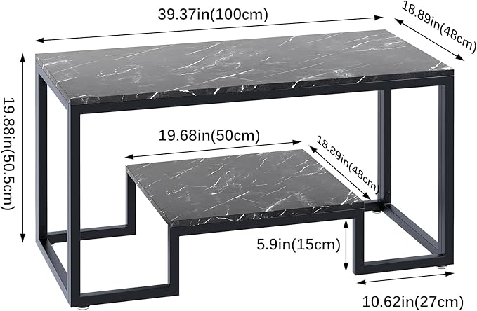 Coffee Table Black Table for Living Room,2 Tiers Rectangle Center Table with Sturdy Metal Frame,Modern Black Faux Marble Coffee Table for Bedroom Home Office