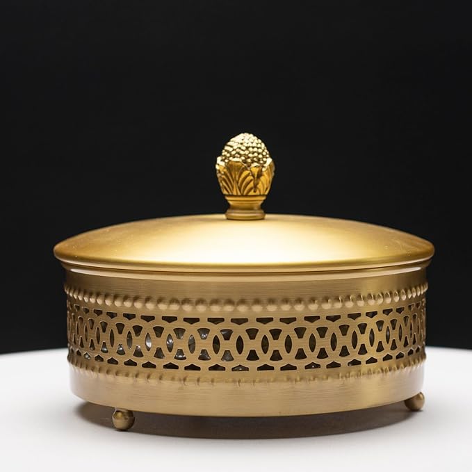 Gold Brass Decorative Boxes With Strawberry shape Handles, Jewelry Boxes Modern Storage Boxes，Round Hammered Metal Container, Brass Finish