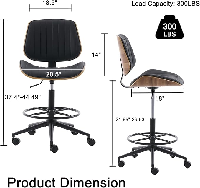 Drafting Home Office Chair, Swivel Desk Chair with Bend Wood Backrest, Ergonomic Office Chairs with Adjustable Height and Footrest Ring for Bar Lab Counter Height Desk and Drawing, Black