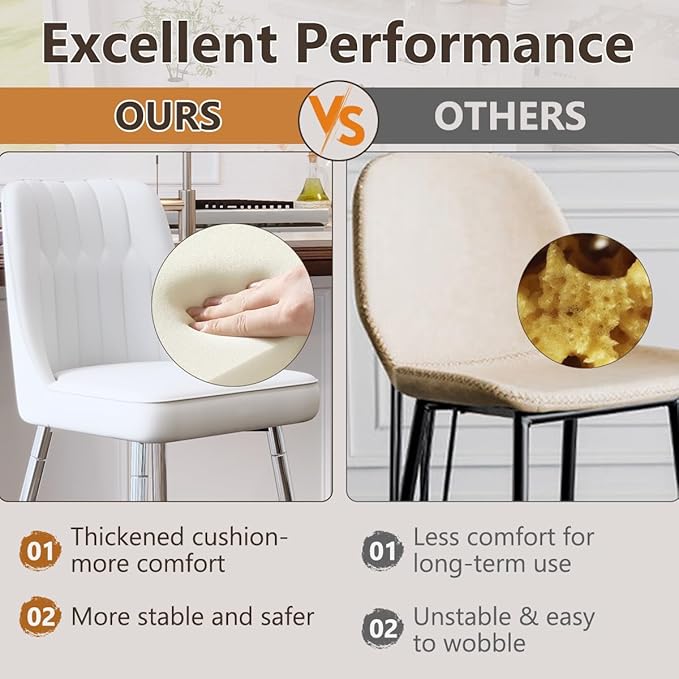 Counter Height Bar Stools Set of 2,White Bar Stools with Back,27" Upholstered Counter Height Bar Stool with Sturdy Silver Chrome Footrest,Modern Kitchen Island Chairs for Home Pub Bar