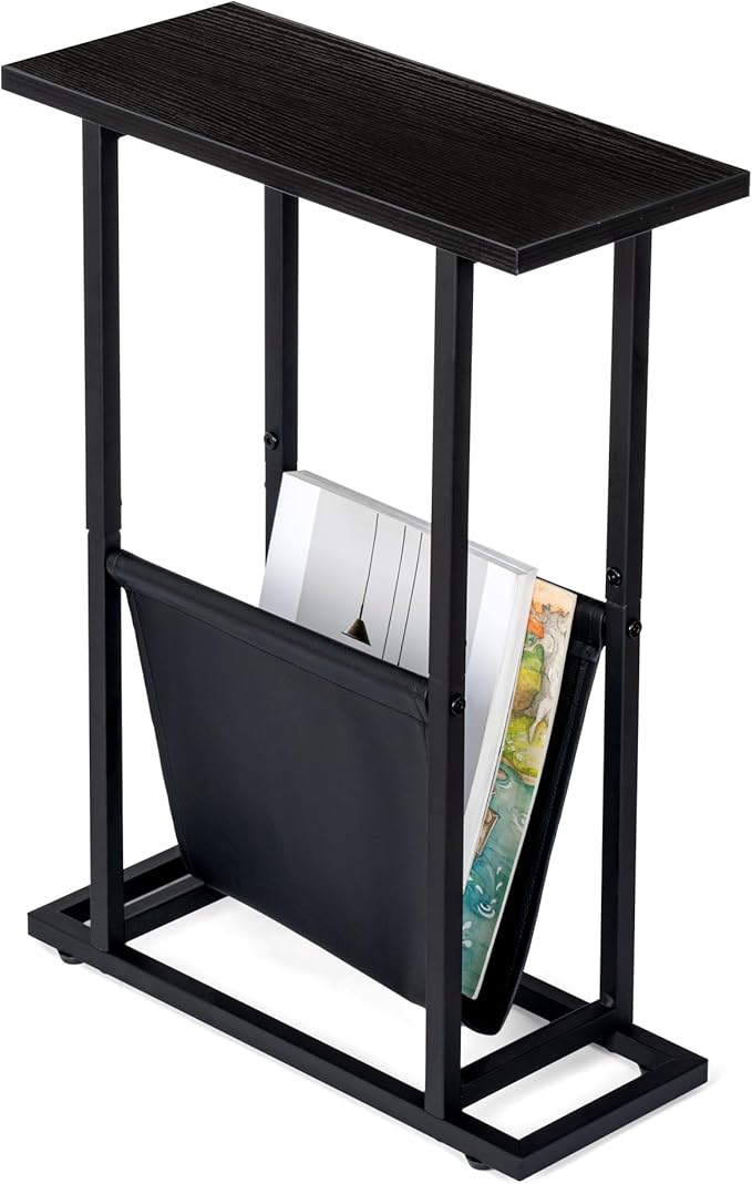 Narrow Side Table with PU Leather Magazine Holder Rustic Slim Little Thin Table for Living Room, Bedroom, Sofa, Black