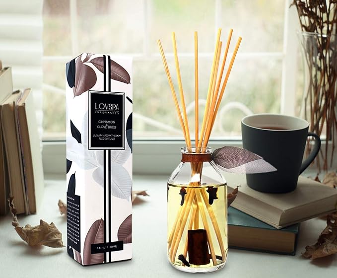 LOVSPA Reed Diffuser Set, Cinnamon & Clove Buds Scented Oil Diffuser with Sticks, Home Fragrance Accessories for Bathroom Shelf Decor, Aroma Diffusers for Home or Office Fall Decor, USA Made