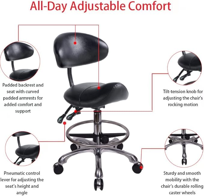 Saddle Stool Chair with Backrest and Foot Ring, Ergonomic Rolling Esthetician Seat for Salon, Tattoo Shop, Spa, Facial lash Home, Dentist Clinic, Esthetician Chair, Black
