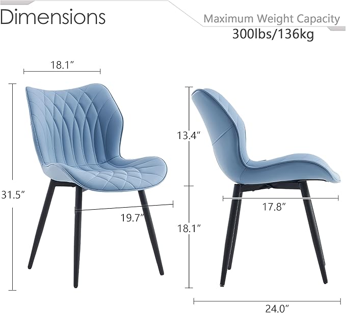 Kidol & Shellder Modern Dining Chairs Set of 2 Comfy Dining Room Chairs with Thick Cushions PU Leather Upholstered Kitchen Side Chairs with Metal Legs Blue