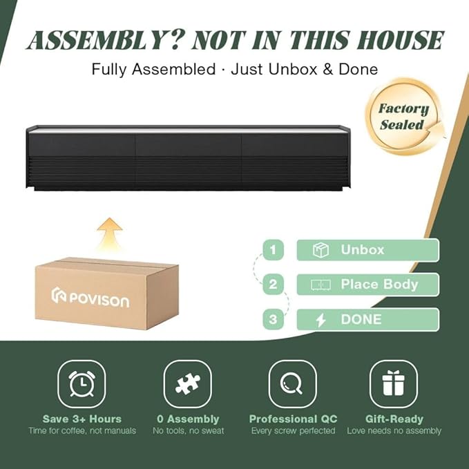 POVISON Fully-Assembled Mid Century Modern TV Stand, 118.11" Wood Media Console with Adjustable LED Light, Entertainment Center with Storage for Living Room