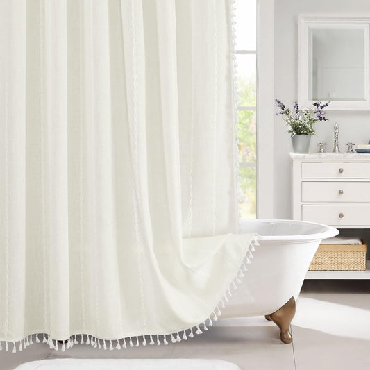 MitoVilla White Boho Extra Long Shower Curtain 72 x 84, Modern Farmhouse 84 inch XL Rustic Polyester Linen Tassel Heavy Duty Shower Curtain Set with Hooks for Cottagecore Country Bathroom Decor Ivory