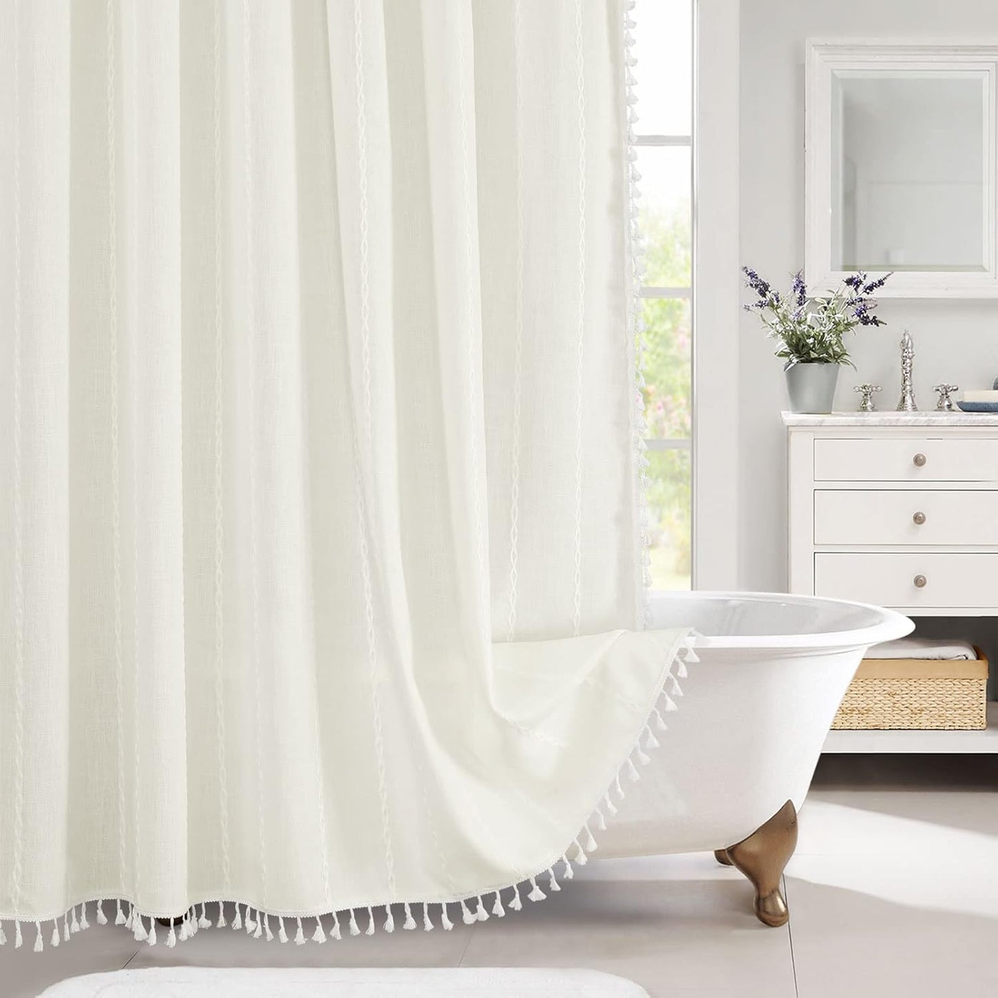 MitoVilla Boho Farmhouse Fabric Shower Curtain Set, Ivory Polyester Linen Shower Curtains for Vintage Rustic Bathroom Decor, Modern Neutral Wrinkle Resistant Cloth Shower Curtain, 72 x 72