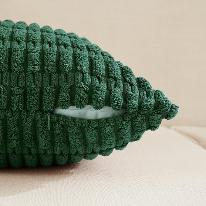 Fancy Homi Set of 4 Dark Green Boho Decorative Throw Pillow Covers 22x22 Inch for Couch Bed Sofa, Aesthetic Modern Bohemian Room Decor, Soft Fuzzy Fluffy Cozy Corduroy Textured Cushion Case 55x55cm