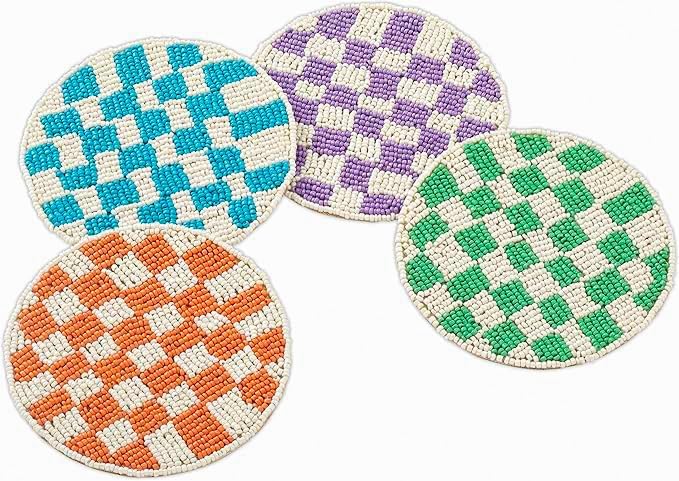 Folkulture Coaster for Drinks | (4") Pack of 4 Multicolor Boho Coasters | Cute Round Boho Coaster | Beaded Drink Coasters for Coffee Table | Round, Beaded, Hand Wash Only