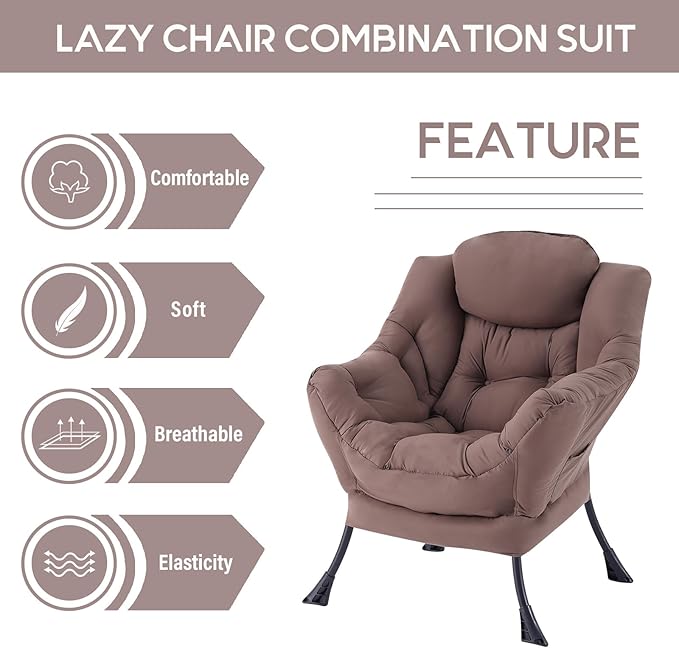 LITA Lazy Chair with Ottoman, Modern Accent Leisure Upholstered Sofa, Contemporary Lounge Reading Chair with Armrests and a Side Pocket for Living Room, Bedroom & Small Space, Single Dark Brown