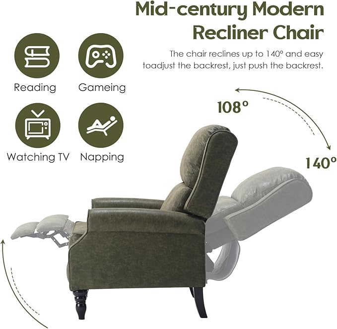 Leather Recliner Chair, Pushback Recliner Chair with Adjustable Backrest Footrest, Mid Modern Reclining Chair with Overstuffed Arms Lumbar Support for Reading, Living Room, Green