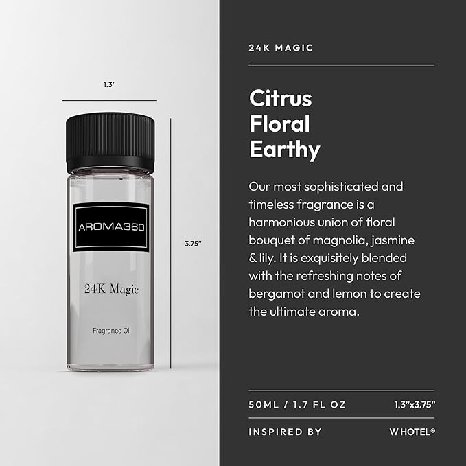 Aroma360-24K Magic Fragrance Oil Blend 50ML | Hotel Inspired Luxury Essential Oil Diffusers | Aromatherapy Scent Diffuser Oil | Citrus Beginning of Bergamot, Lemon & Lemongrass with Notes of Jasmine