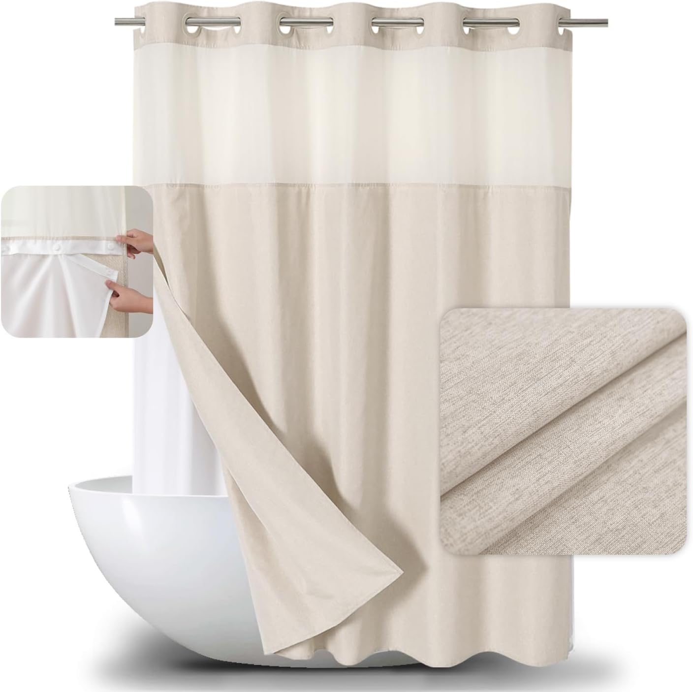 Extra Long No Hooks Needed Linen Textured Shower Curtain with Snap-in Fabric Liner Set,Cream Hotel Luxury Decor Shower Curtains for Bathroom,Waterproof & Washable,71Wx86H
