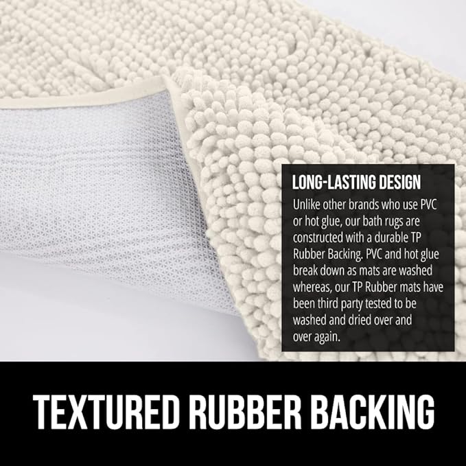 GORILLA GRIP Plush Absorbent Shaggy Chenille Bath Rug Mat for Oval Toilet Base with Rubber Backing, Machine Washable Rugs, Soft Microfiber Contour Mats for Toilets, Bathroom Decor, Ivory