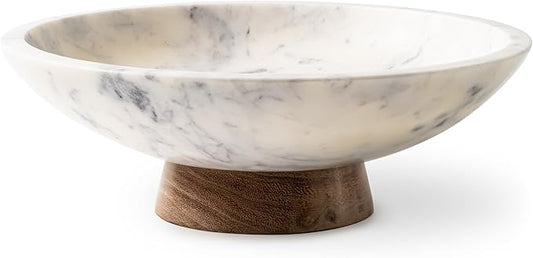 Cork & Mill Marble Decorative Bowl for Home Decor - Handcrafted Natural Stone with Acacia Wood Pedestal - Versatile 11" Catch All for Entryway, Kitchen Fruit Bowl, Potpourri, Dining Table Centerpiece