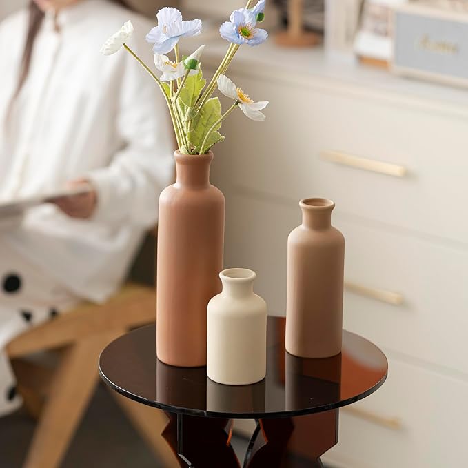 10 Inch Modern Ceramic Vase Set of 3, Neutral Colors, Decorative Bottles for Home, Farmhouse Rustic Decor (Coffee Mix)