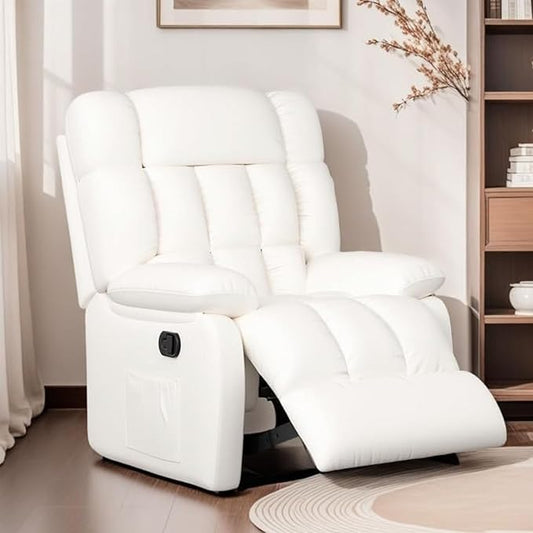 Oversized Recliner Chair, Leather Recliner Adjustable with Side Pockets, Living Room Reclining Lounge Chair for Adults, Small Spaces Comfy Sofa with Theater Seating for Bedroom, Movie,White