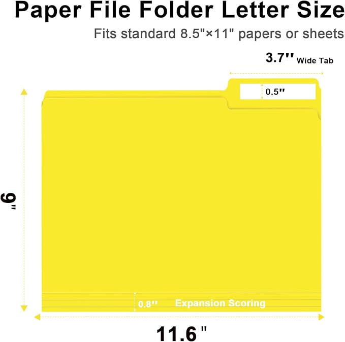 File Folder, RAZCC 100 Pack 1/3 Cut Tab File Folders Letter Size, Yellow, Folders with Tab, Great for Organizing and Easy File Storage