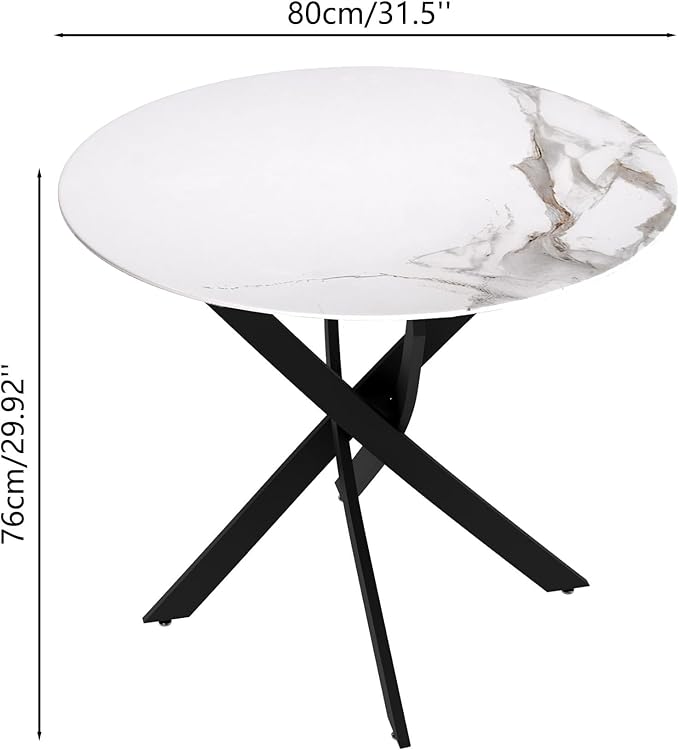 Marble Round Dining Table for 2-4 with Metal Legs, 31.5 Inch Sintered Stone Modern Small Kitchen Table for Dining Room Kitchen Apt (White)