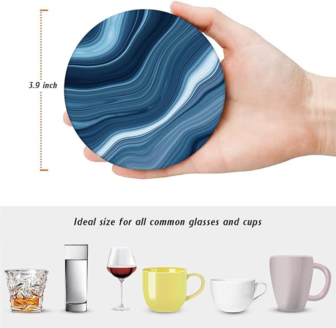 Britimes Coaster for Drinks Set of 6, Vintage Retro Colorful Blue Marble Absorbent Round Ceramic Stone Mat, with Cork Base and Metal Holder, Gift for Housewarming Room Bar Decor