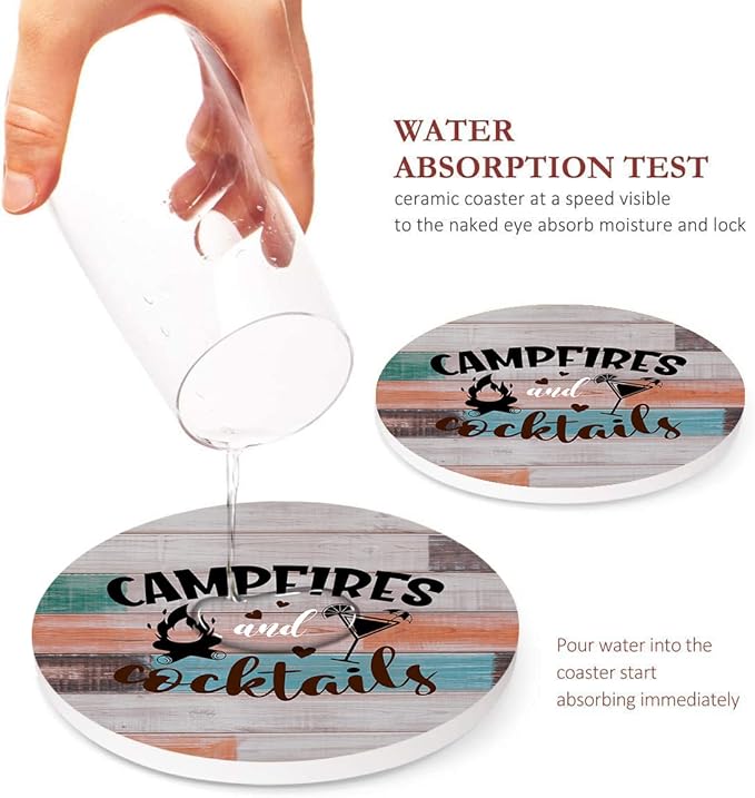 Britimes Coaster for Drinks Set of 6, Wooden Summer Camping Forest Absorbent Round Ceramic Stone Mat, with Cork Base and Metal Holder, Gift for Housewarming Room Bar Decor