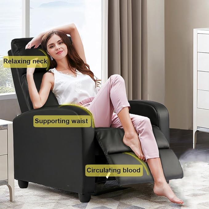 BestMassage | Recliner Chair | No Massage Function | Leather Black | with Lumbar Support, Adjustable Push Back, Wide Armrests, Footrest & Padded Seat | Easy Assembly | for Living Room, Home Theatre