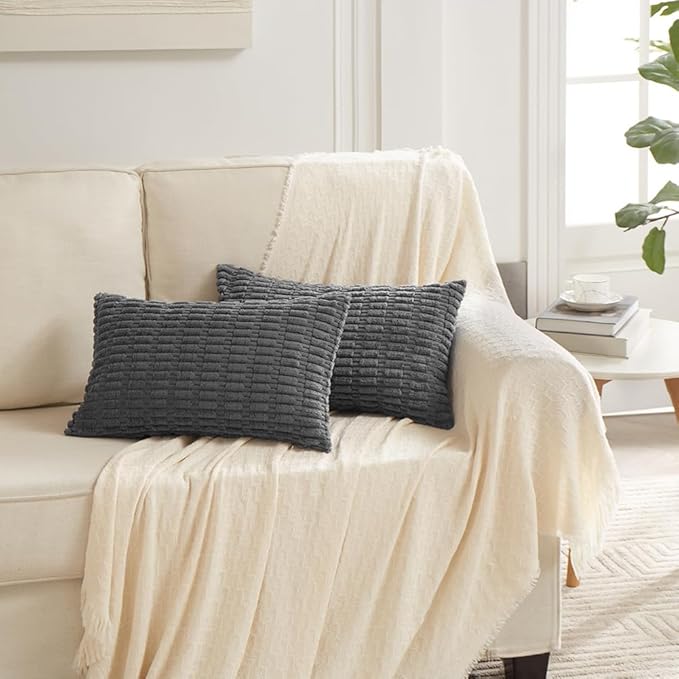 Fancy Homi 2 Packs Dark Grey Lumbar Decorative Throw Pillow Covers 14x24 Inch for Living Room Couch Bed Sofa, Rustic Farmhouse Boho Home Decor, Soft Striped Corduroy Rectangle Cushion Case 35x60 cm