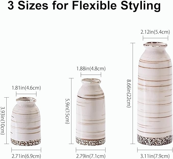 Ceramic Vase Set of 3, Farmhouse Rustic Decorative Vase for Home Decor, Modern Glazed Vase, Table Centerpiece for Living Room, Shelf, Bedroom, Kitchen (Omega Yellow)