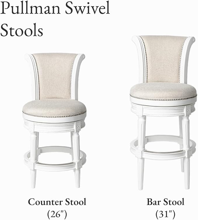 Maven Lane Pullman Counter Stool 26 Inches – Swivel Stool with Footrest – White Solid Wood Frame & Natural Fabric Upholstery – Perfect for Kitchen Islands & Counters