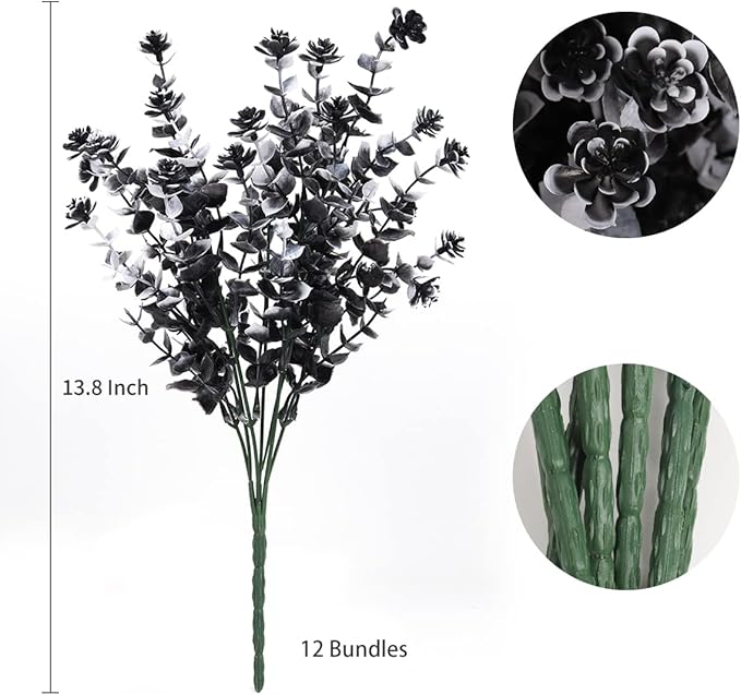 RECUTMS Black Artificial Flowers, 12 Pcs Fake Outdoor UV Resistant Plants Faux Plastic Greenery Shrubs Indoor Outside Hanging Planter Flower Decoration, Garden Decor (Black+White)