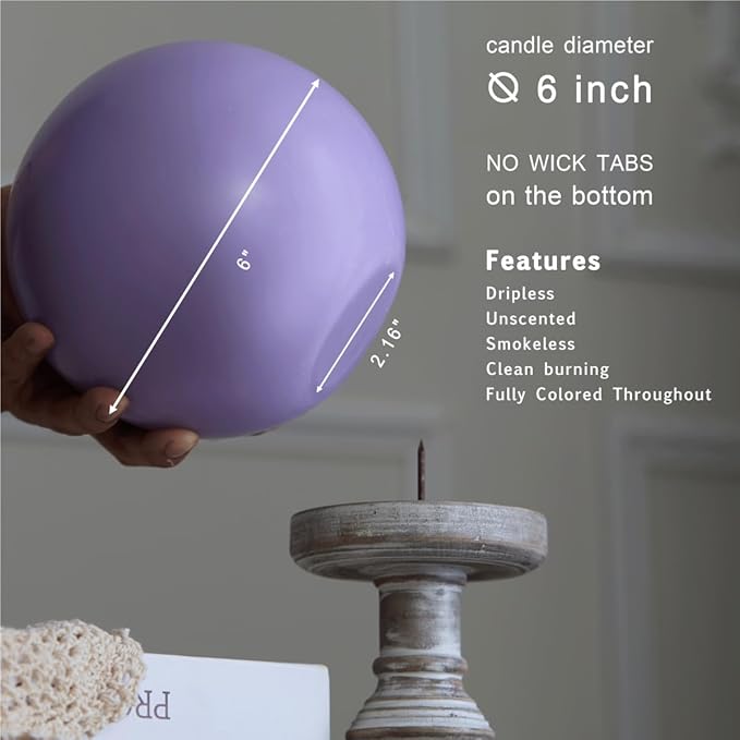 MOZEAL Hand-Poured, 6 Inch Lavender Large Round Ball Candles - Elegant Lavender Round Pillar Candles, Dripless, Unscented, Smokeless, Ideal for Spa and Relaxation Themes.
