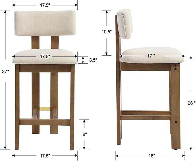26” Counter Stools Set of 2 Counter Height Bar Stools with Back and Solid Wood Legs Modern Farmhouse Linen Upholstered Kitchen Bar Stools Countertop Chairs, Beige