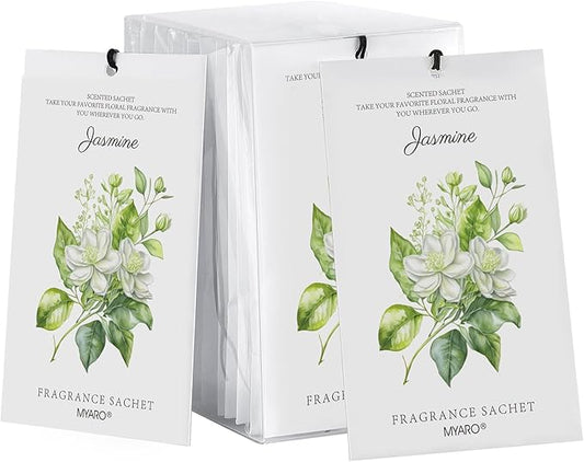 MYARO 12 Packs Jasmine Scented Sachets for Drawer and Closet, Long-Lasting Air Freshener Sachets Bags Drawer deodorizers Fresh Scents, Home Fragrance for Lover