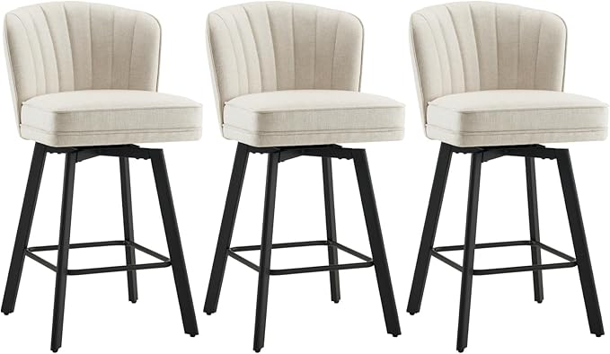 Swivel Counter Height Bar Stools Set of 3, 26'' Modern Barstools with Backs and Metal Legs, Upholstered Bar Chairs, Beige, Fabric Stools for Kitchen Island Chairs