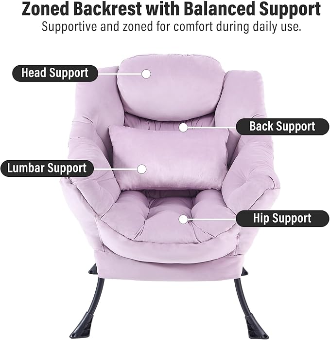 Lazy Chair with Ottoman, Modern Accent Chair with Lumbar Pillow, Comfy Chairs with Folding Footrest for Bedroom, Reading, Oversized Supportive Lounge Chairs(Velvet Light Purple)
