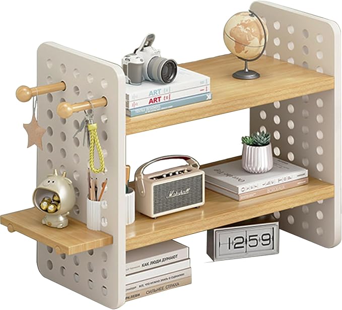 Wood Desk Shelf Organizer, 2 Tier Desktop Bookshelf for Home and Office Supply, Wooden Desktop Organizer with Pegboard Design, Adjustable Display Shelf for Computer Desk