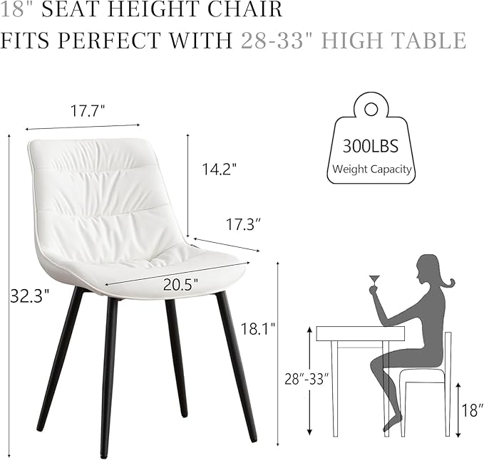 Kidol & Shellder Dining Chairs Set of 2, Modern Upholstered Faux Leather Kitchen Side Chairs with Comfortable Back - Mid-Century Armless Chair for Dining Living Room Bedrooms, with Metal Legs (White)