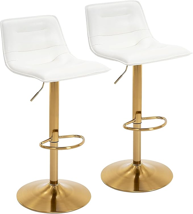 Brage Living Adjustable Bar Stools Set of 2, Modern PU Leather Swivel Counter Height Barstools with Back, Armless Airlift Curved Bar Chairs for Kitchen Dining Cafe (Pearl White, Gold Base)