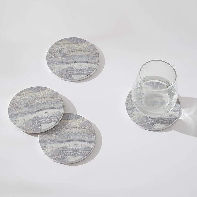 Set of 6 Light Gray Abstract Onyx Marble Coasters with Holder, Absorbent Ceramic Drink Coasters for Table Protection, Coffee Table Decor