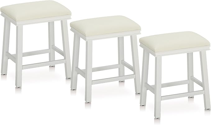 PHI VILLA Bar Stools Set of 3 - Solid Wood Legs Counter Height Barstools with Upholstered Saddle Seat, 24 inch Kitchen Counter Island Stools