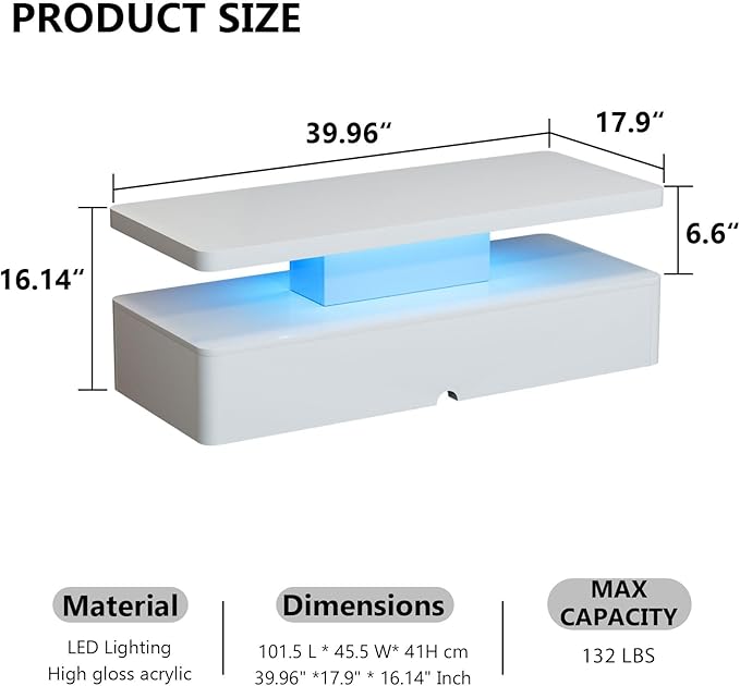 oneinmil Modern Stylish Coffee Table with 16 Colors LED Lights, Double-Layer Design for Living Room, White