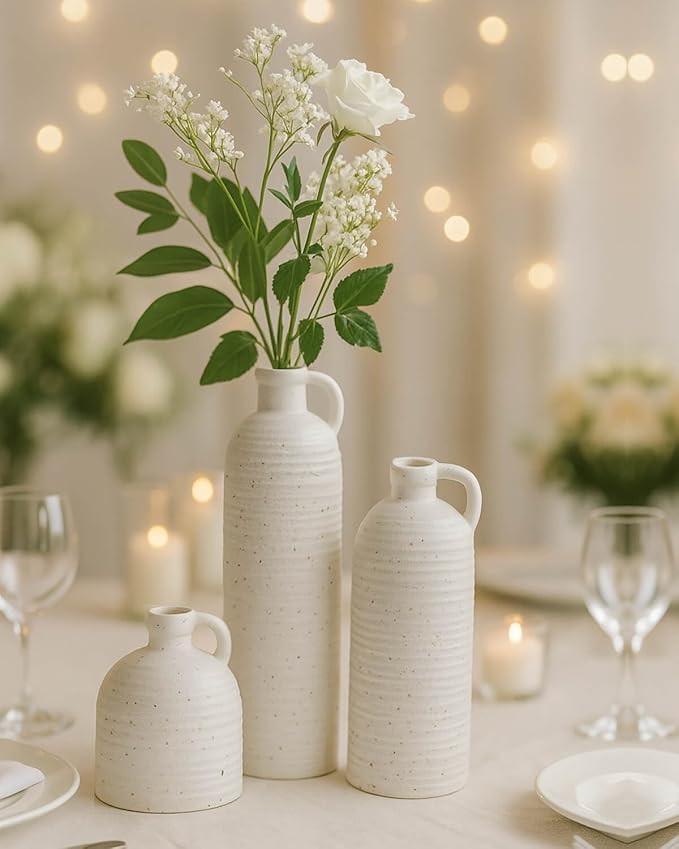 White Ceramic Vase Set of 3 with Handle – Ribbed and Dotted Jug Vases for Rustic Farmhouse Table Centerpiece, Shelf & Mantel Decor