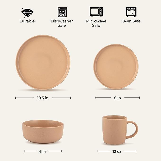 Zulay Kitchen Terra Stoneware 32-Piece Dinnerware Set, Artisanal Ceramic Plates and Bowls Set Crafted at 2300℉ - Service for 8, Terracotta Clay