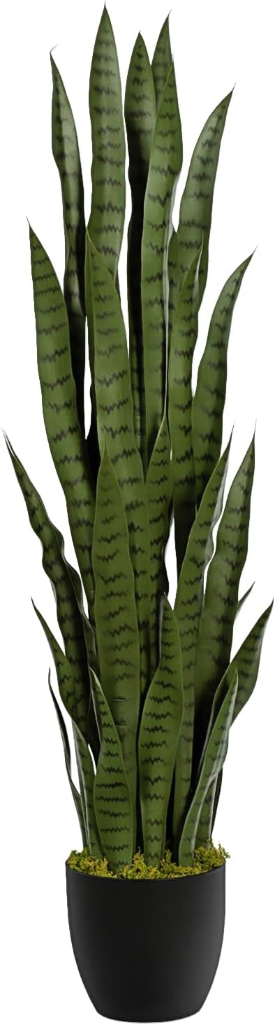 4ft Artificial Snake Plant – 46in Faux Sansevieria Plants, Fake Floor Plant for Indoor Outdoor, Front Porch Patio Home Office Decor, Mother-in-Law’s Tongue, Green 1Pcs