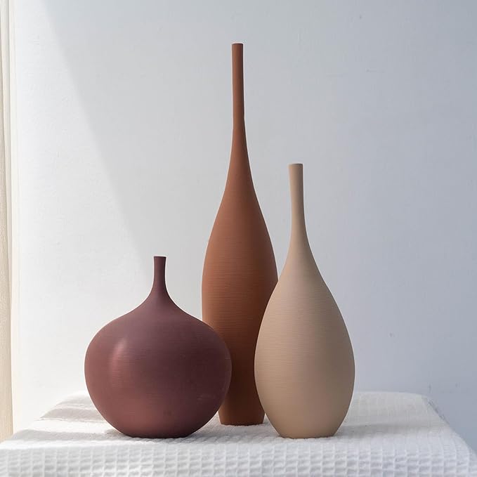 Ceramic Modern Vase Set of 3 Farmhouse Decorative Vase Minimalist Aesthetic Vases for Centerpieces Matte Ribbed Vases for Home Decor Table Entryway Living Room (Brown+Khaki+ Dark Red)