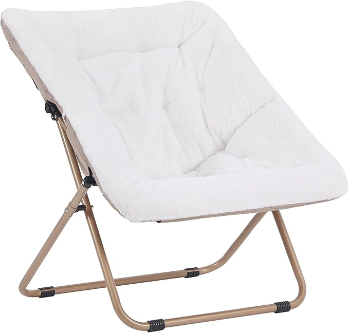 Saucer Chair, Comfy Bedroom Chairs, Oversized Folding Faux Fur Chair, Foldable Metal Frame Chair for Bedroom, Study, Playroom (White)