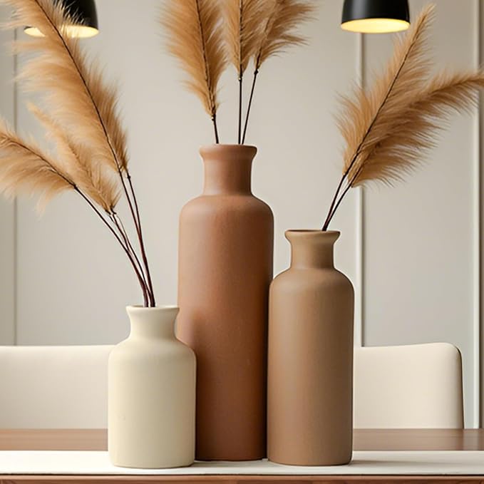 10 Inch Modern Ceramic Vase Set of 3, Neutral Colors, Decorative Bottles for Home, Farmhouse Rustic Decor (Coffee Mix)